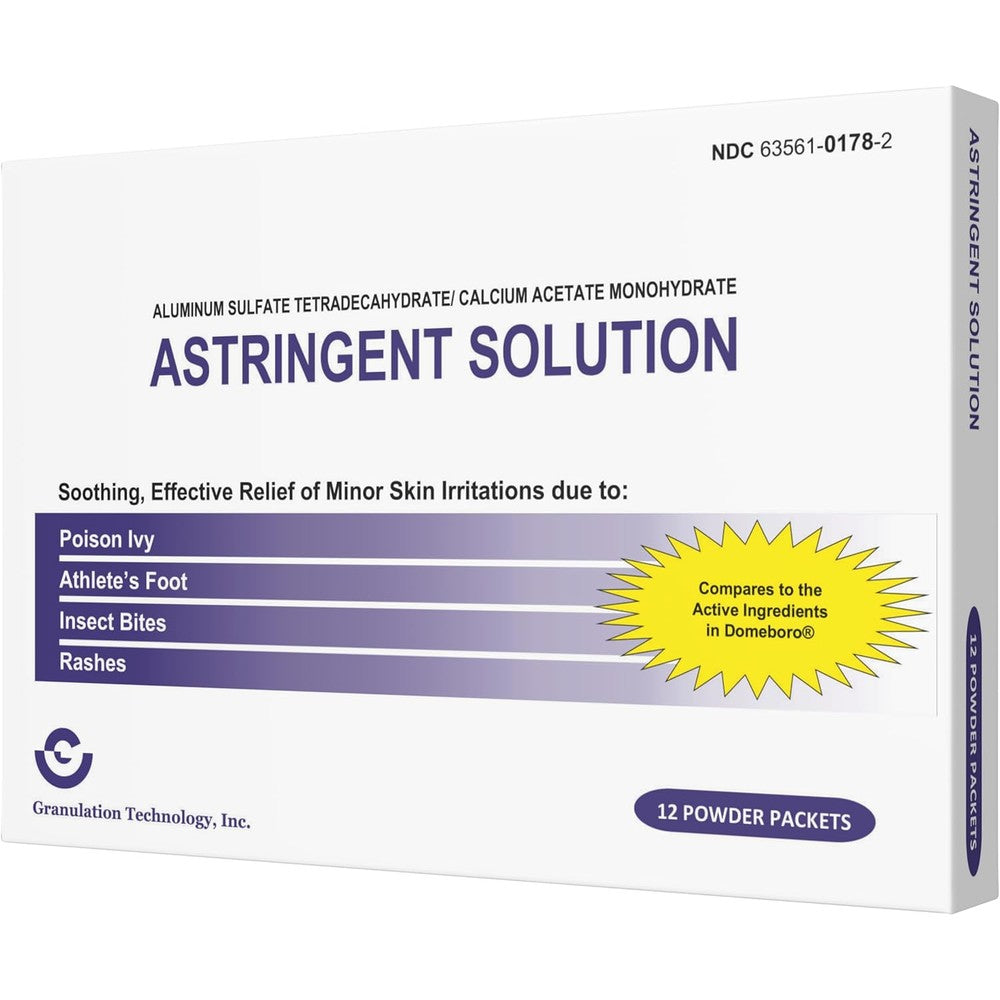 Generic Astringent Solution front view packaging showing 12 count powder packets for rash relief.