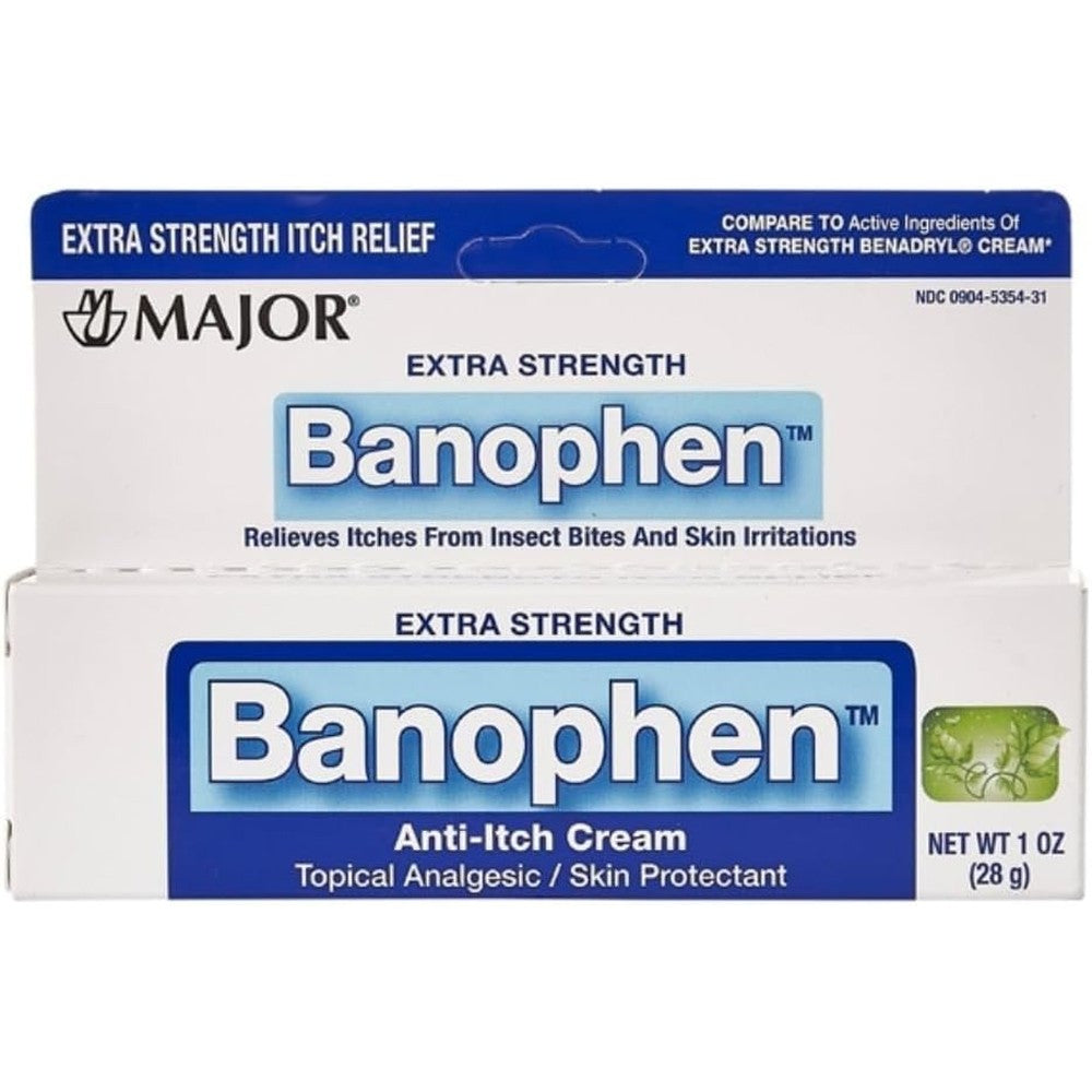 Major Extra Strength Banophen Anti-Itch Cream front view showing 1 ounce tube for insect bite relief.