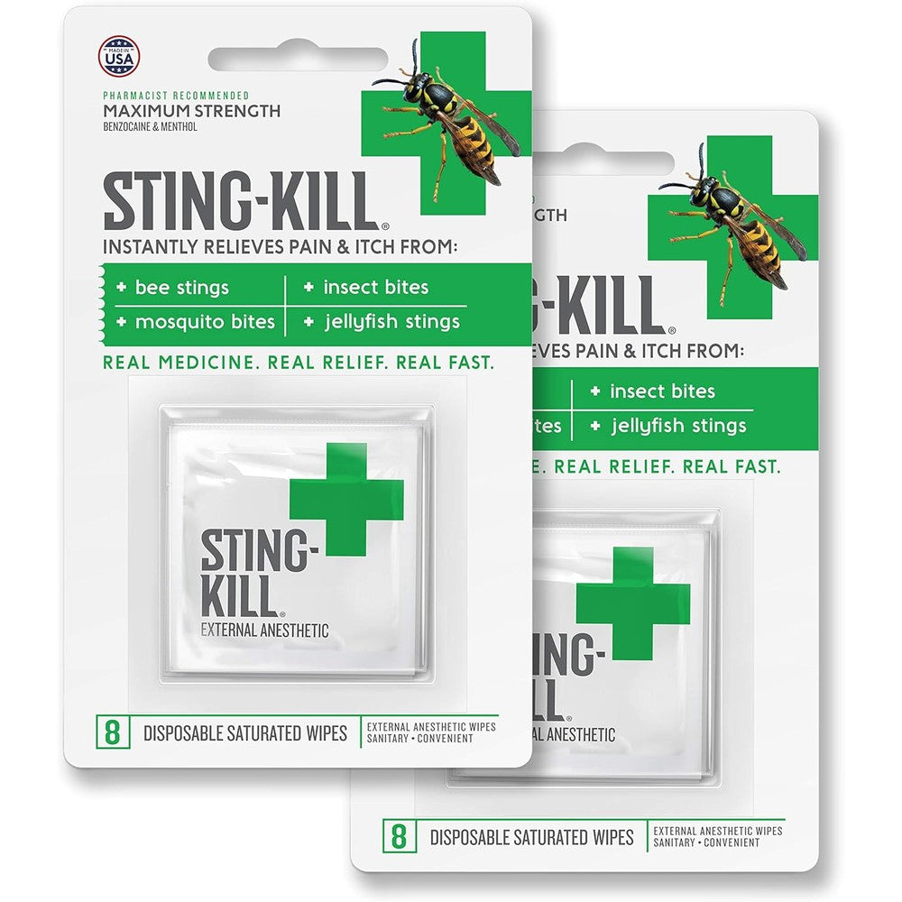 Sting-Kill First Aid Anesthetic Wipes front packaging showing two pack count for insect bite relief.