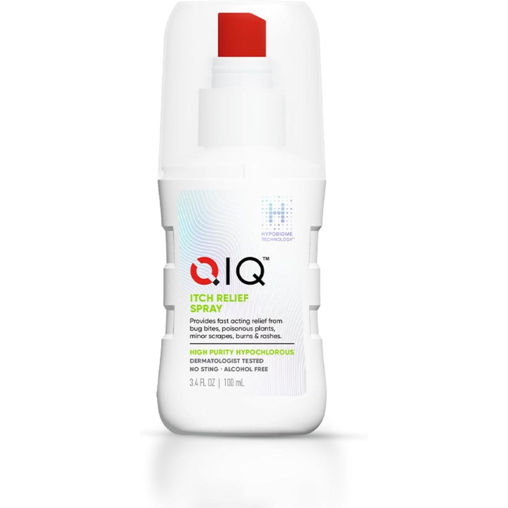 QIQ Itch Relief Spray 3.4 ounce bottle front view for rapid anti itch relief