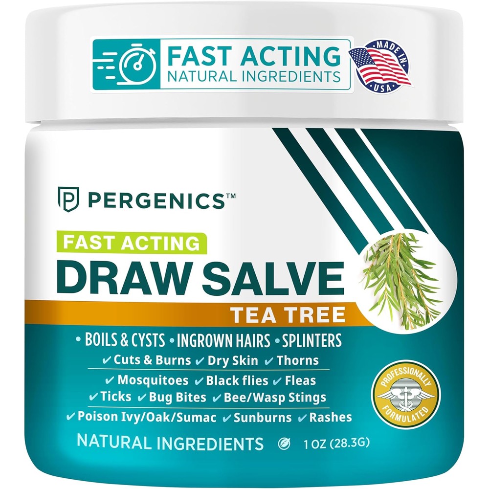 Pergenics Drawing Salve Tea Tree Ointment front packaging view for boil and cyst relief.