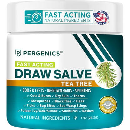 Pergenics Drawing Salve Tea Tree Ointment front packaging view for boil and cyst relief.