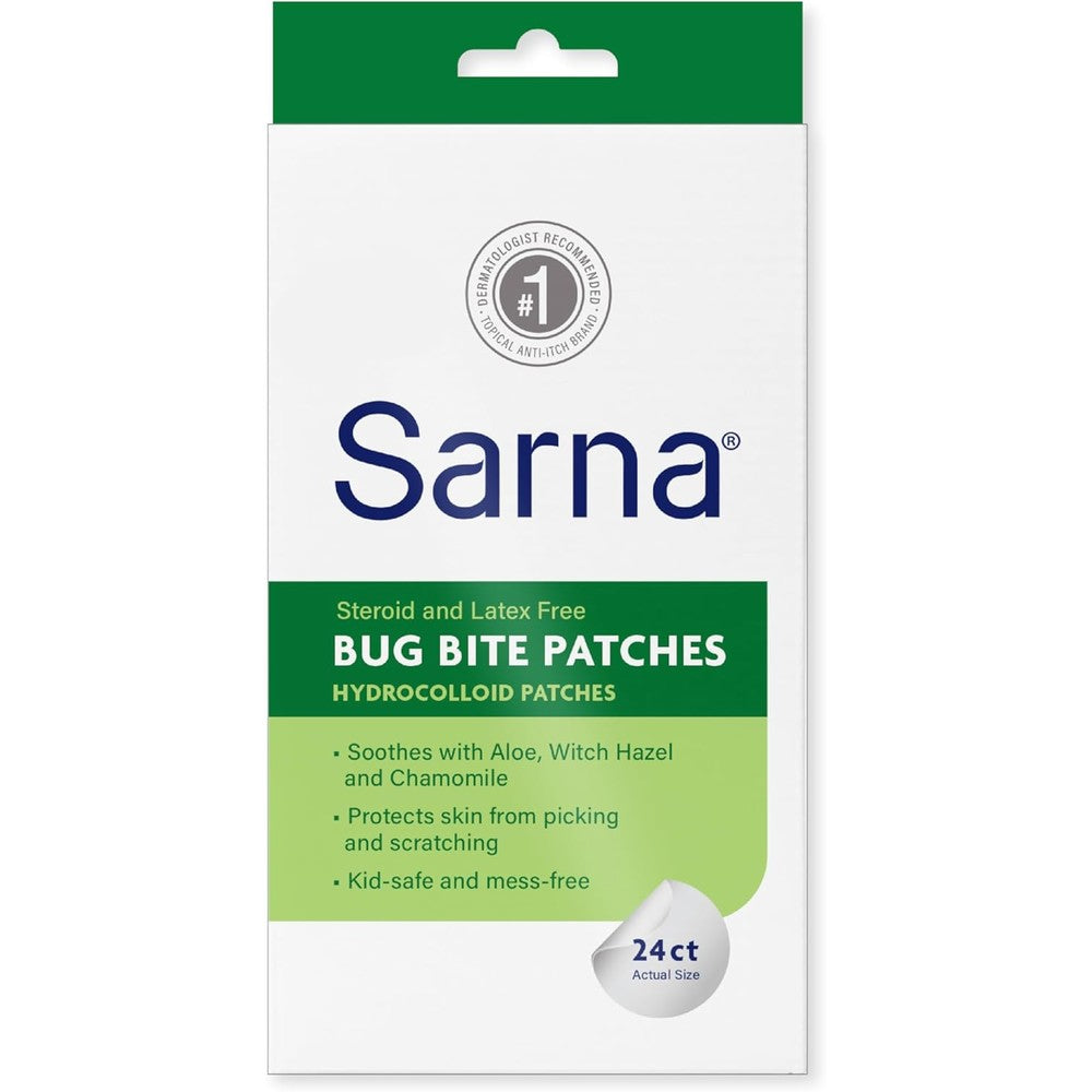 Sarna Bug Bite Patches front view packaging showing 24 count anti itch solution
