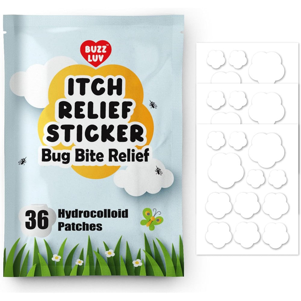 BUZZLUV Itch Relief Patches for Kids front view pack of 36 anti itch stickers