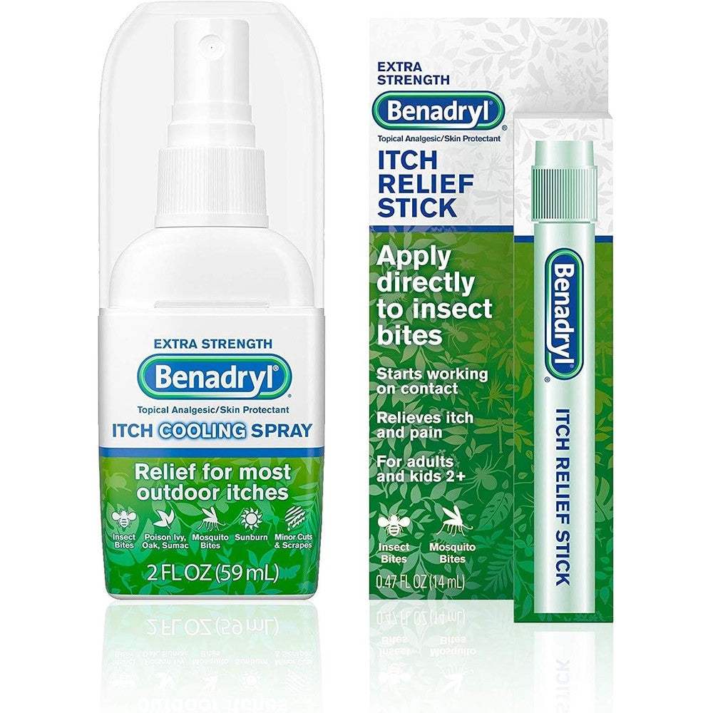 Benadryl Extra Strength Anti Itch Cooling Spray and Stick front view authentic USA import