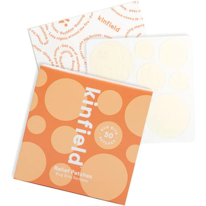 Kinfield Bug Bite Remedy Relief Patches front packaging view showing thirty hydrocolloid skin soothers for outdoor itch relief.