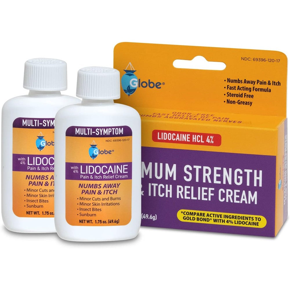Globe Lidocaine 4 percent Multi-Symptom Relief Cream front view of the twin pack packaging showcasing maximum strength numbing.