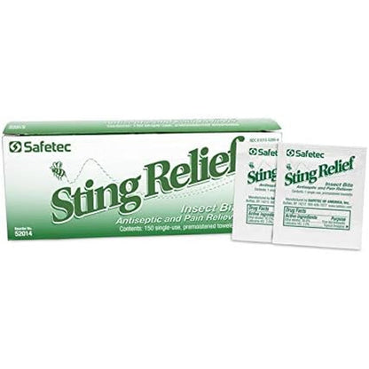 Safetec Sting Relief Wipes 150 count box front view for first aid kits.