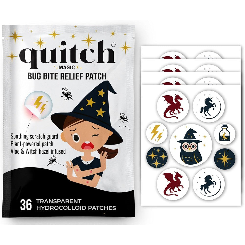 Quitch Mosquito Bite Relief Magic Theme Patches front packaging view showing 36 hydrocolloid stickers