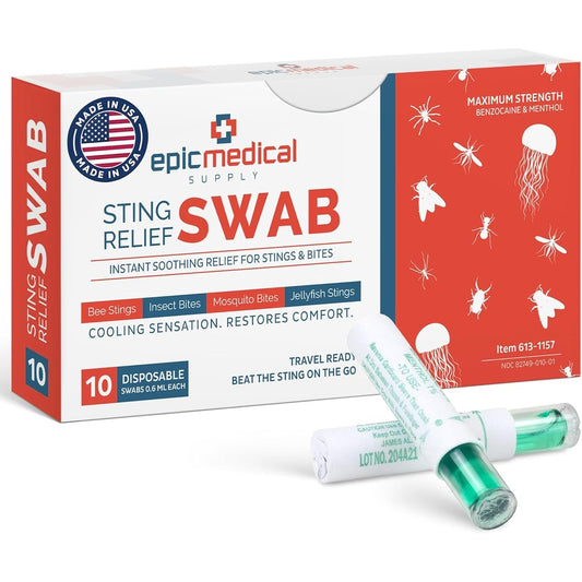 Epic Medical Supply Sting Relief Swabs front packaging view showing ten disposable swabs