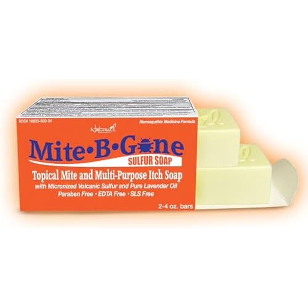 Mite-B-Gone Relief Soap front view of the two pack packaging for fast anti itch sulfur treatment
