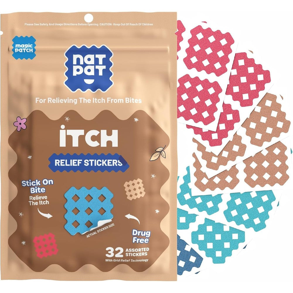 Buzzpatch NATPAT Magic Patch Itch Relief Stickers front packaging view showing thirty two counts for insect bites