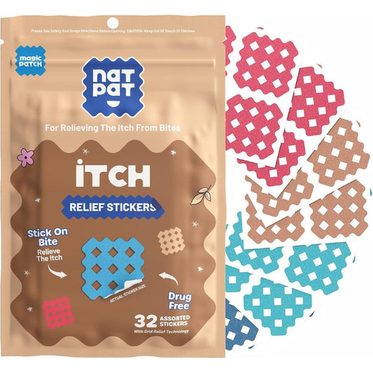 Buzzpatch NATPAT Magic Patch Itch Relief Stickers front packaging view showing thirty two counts for insect bites
