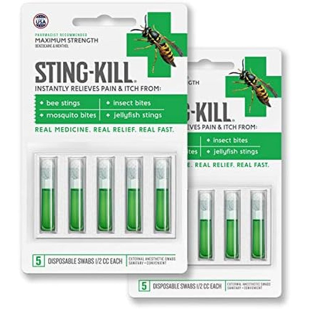 Sting-Kill First Aid Anesthetic Swabs front packaging showing 10 count total.