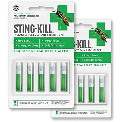 Sting-Kill First Aid Anesthetic Swabs front packaging showing 10 count total.