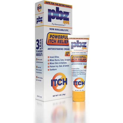 PBZ OTC Antihistamine Cream front view packaging for kid safe itch relief