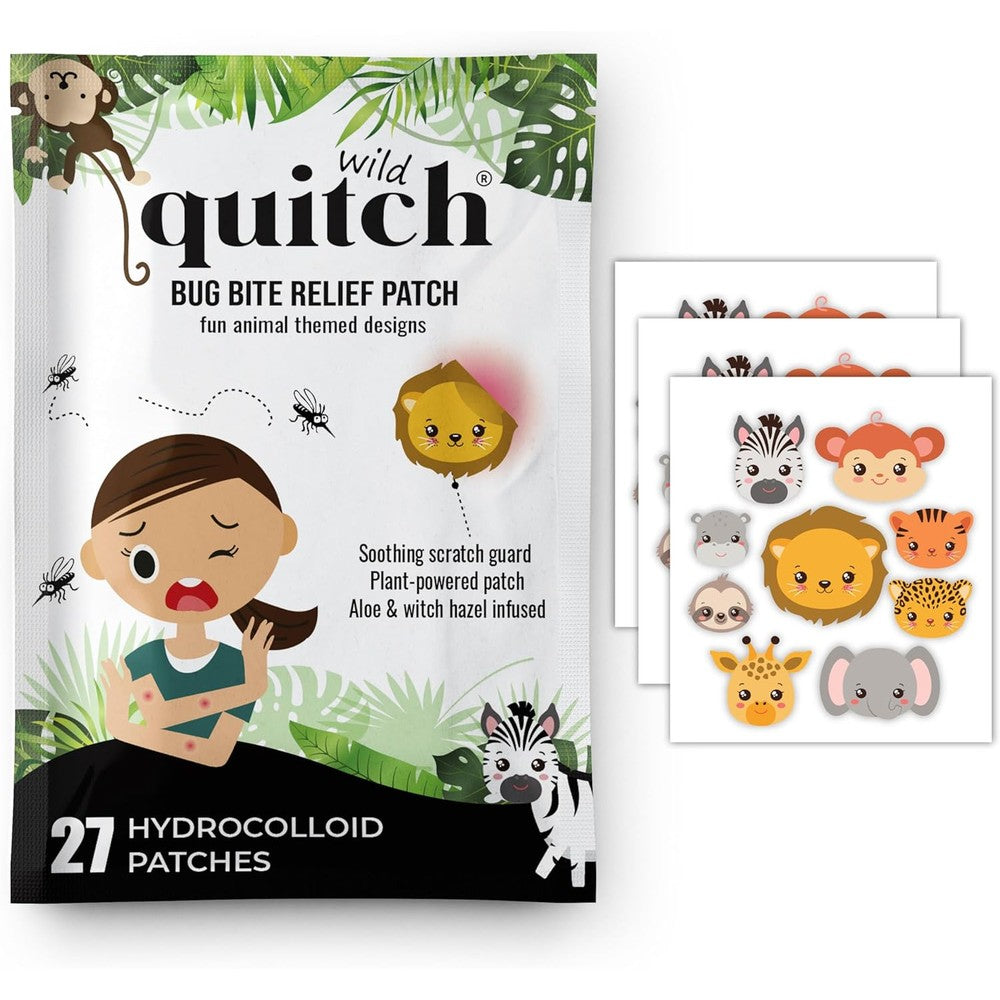 Quitch Mosquito Bite Relief Safari Animal Patches front packaging view showing kid friendly insect bite pads.