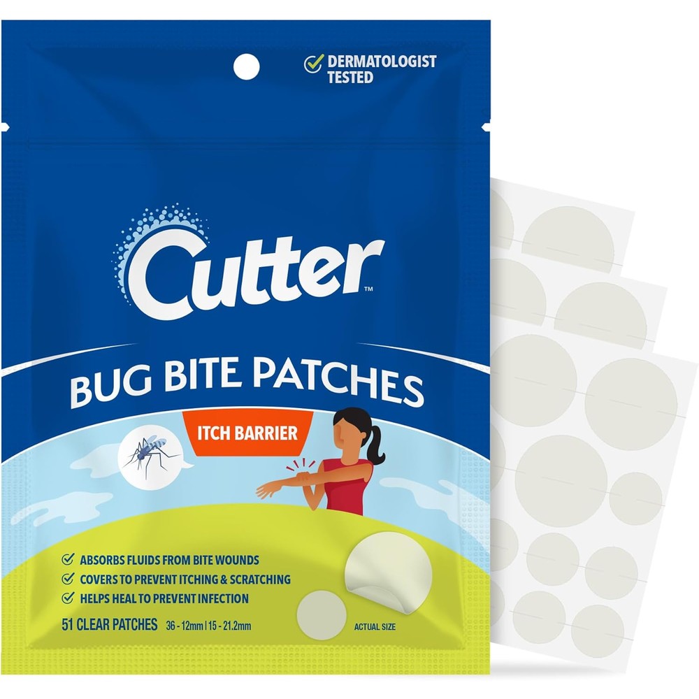 Cutter Bug Bite Patches 51 Count packaging front view showing hydrocolloid itch relief benefits.