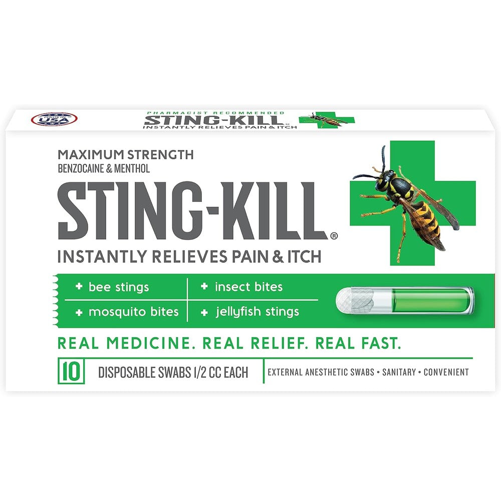 Sting-Kill First Aid Anesthetic Swabs front packaging showing 10 count box for instant insect bite relief