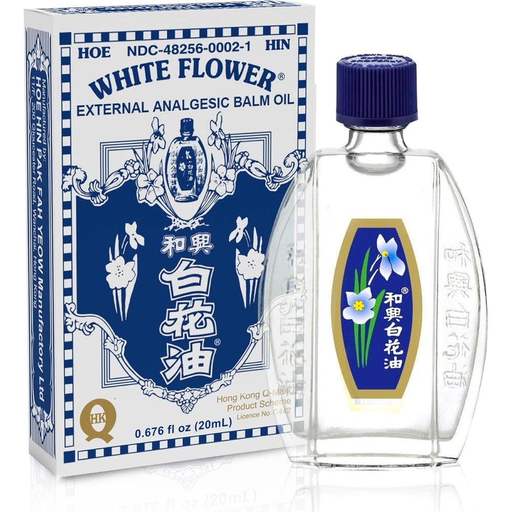 White Flower External Analgesic Balm Oil 20ml front view for muscle pain relief