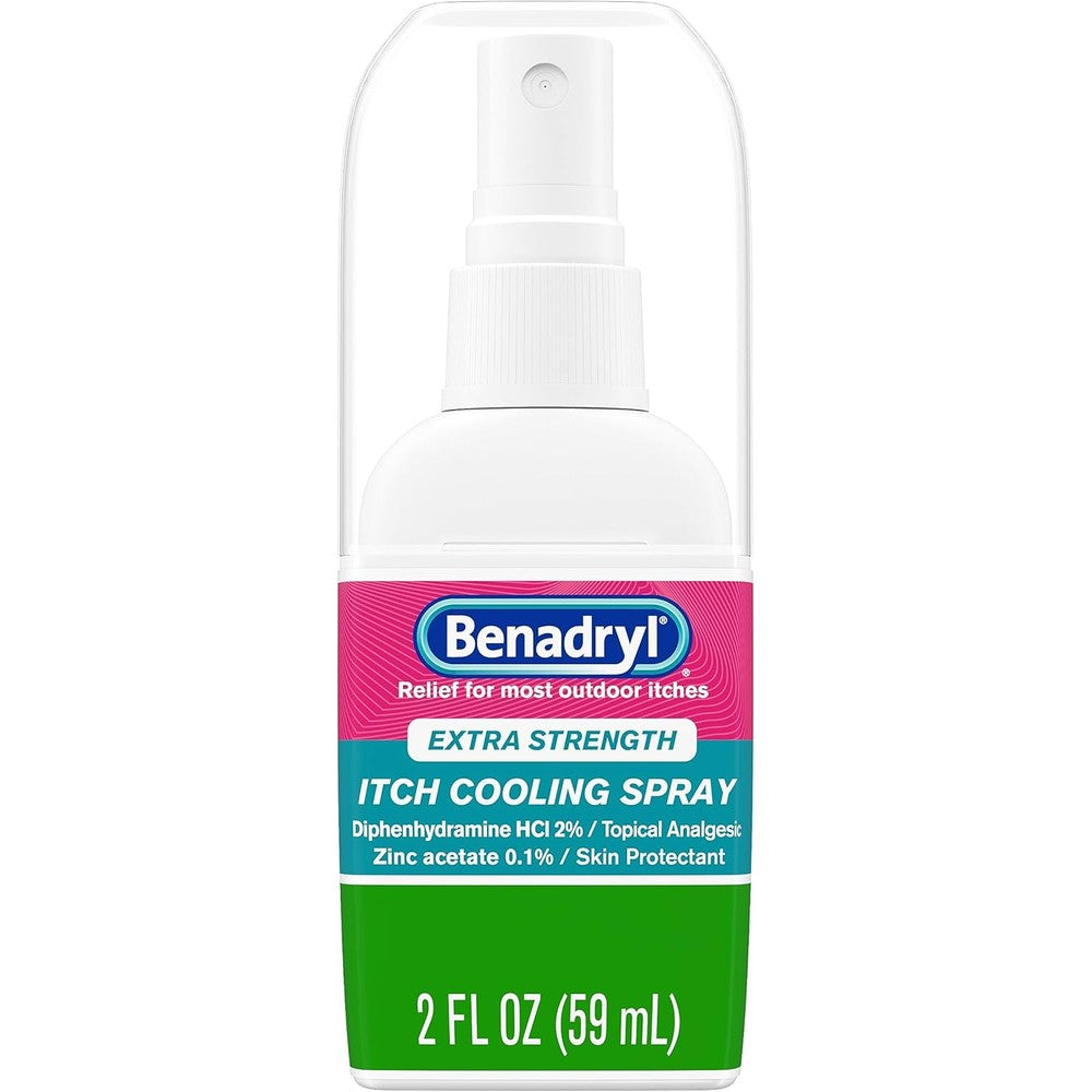 Benadryl Extra Strength Itch Cooling Spray front view for bug bite relief.