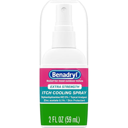 Benadryl Extra Strength Itch Cooling Spray front view for bug bite relief.