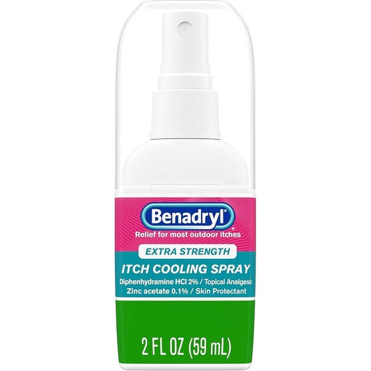 Benadryl Extra Strength Itch Cooling Spray front view for bug bite relief.