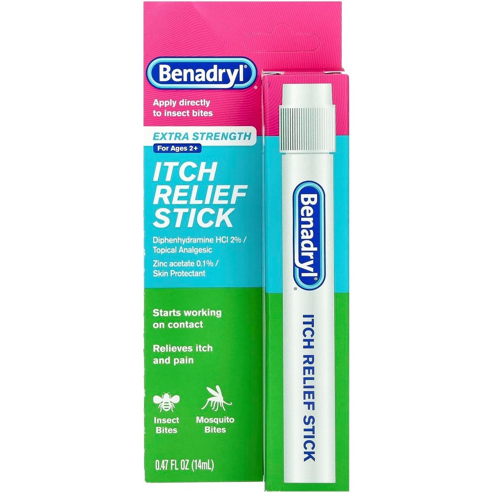 Benadryl Extra Strength Itch Relief Stick front view for mosquito bite relief.