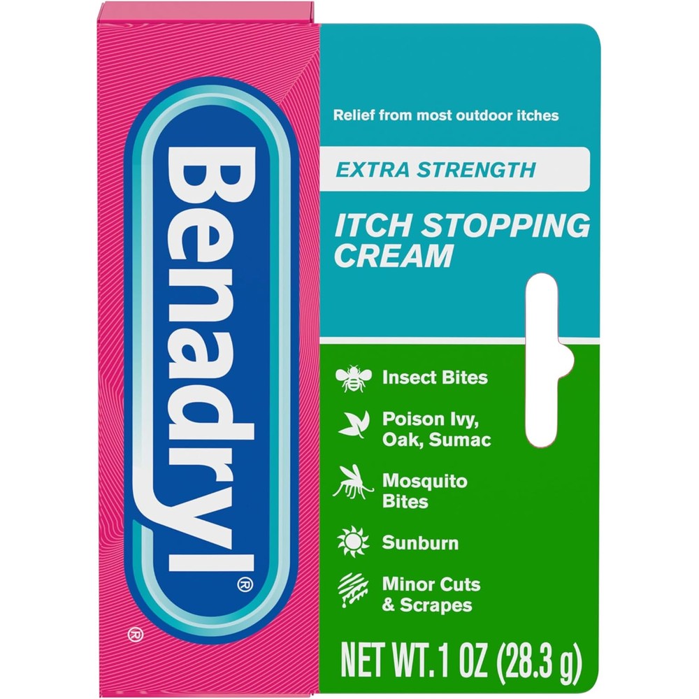 Benadryl Extra Strength Itch Stopping Cream front view packaging showing anti-itch topical analgesic benefits.
