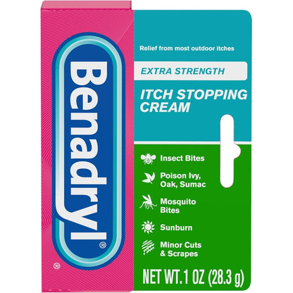 Benadryl Extra Strength Itch Stopping Cream front view packaging showing anti-itch topical analgesic benefits.