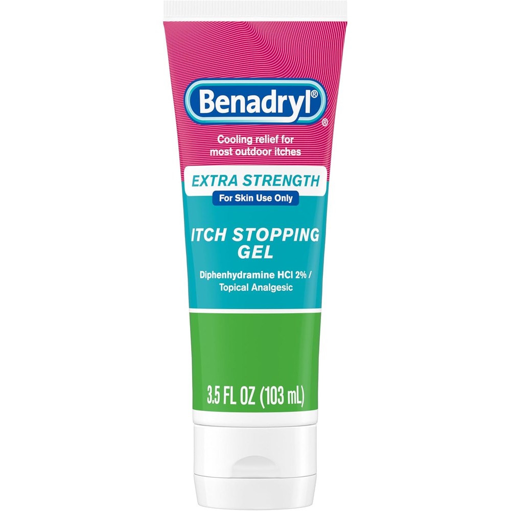 Benadryl Extra Strength Anti Itch Relief Gel front view showing 3.5 fluid ounce tube.