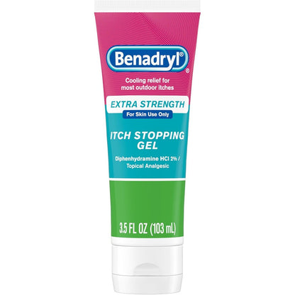 Benadryl Extra Strength Anti Itch Relief Gel front view showing 3.5 fluid ounce tube.