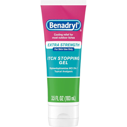 Benadryl Extra Strength Anti Itch Relief Gel front view showing 3.5 fluid ounce tube.