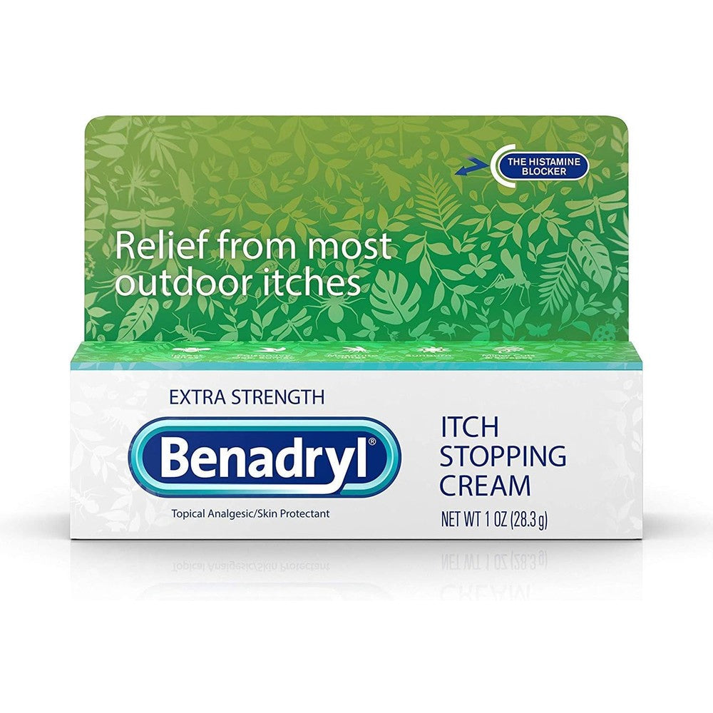 Benadryl Extra Strength Anti-Itch Relief Cream front view packaging for insect bite relief.