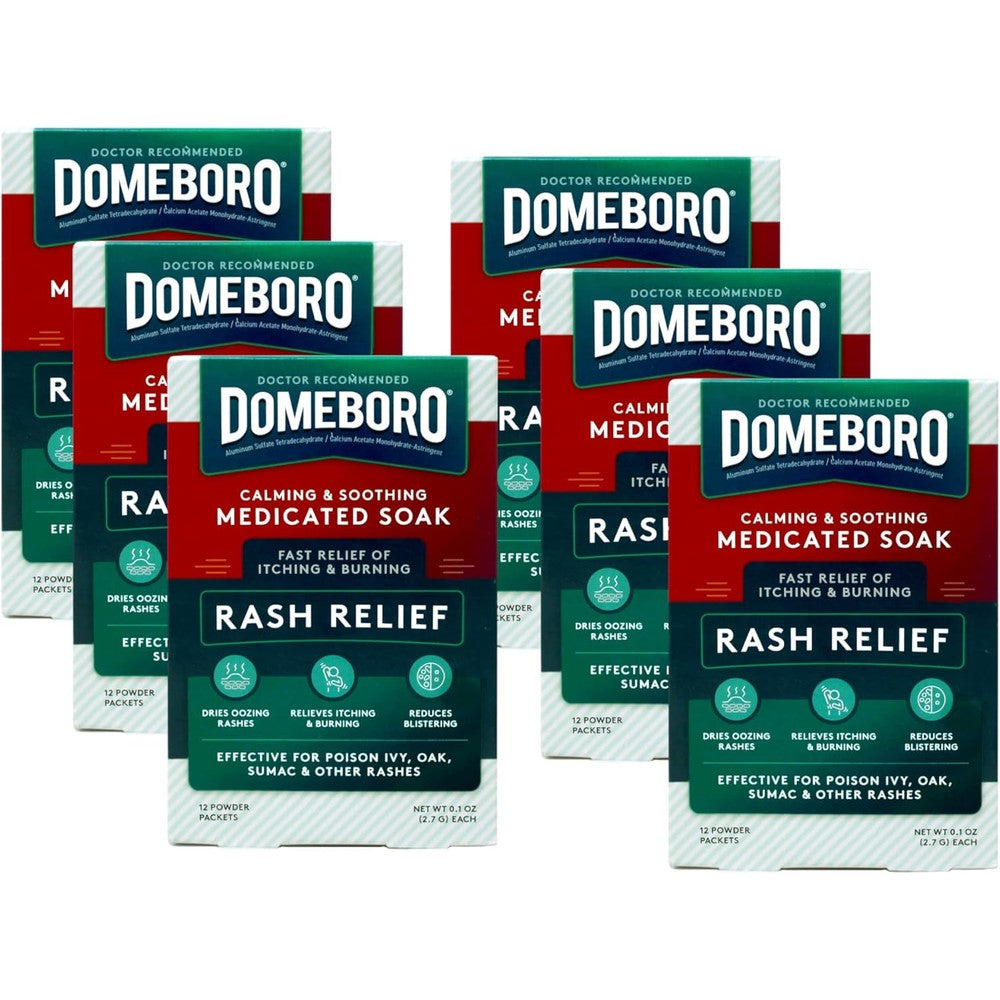 Domeboro Astringent Solution Powder Packets front view box of rash relief medicated soak