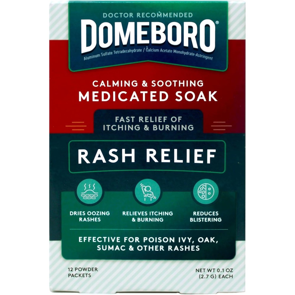 Domeboro Medicated Soak Rash Relief 12 Powder Packets front packaging for itch relief