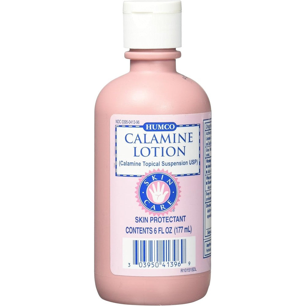 Humco Calamine Lotion Phenolated six ounce bottle front view for insect bite relief.