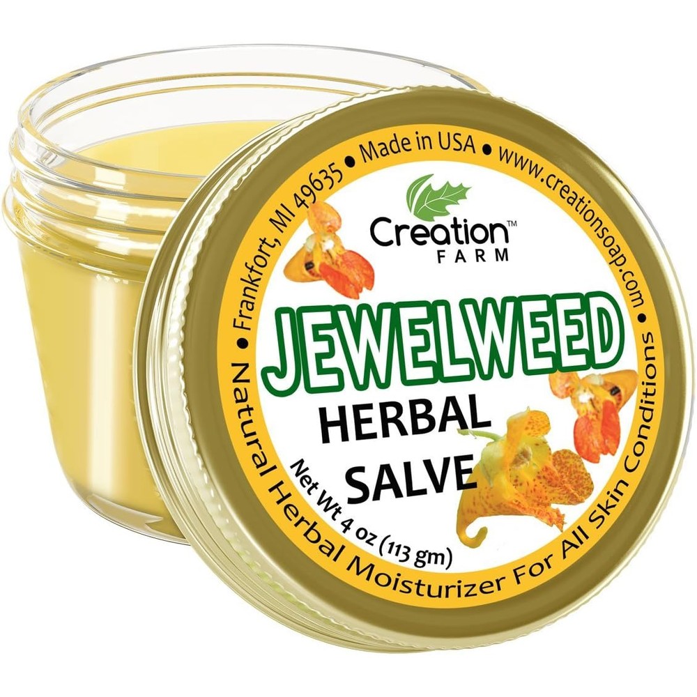 Creation Pharm Jewelweed Balm front view of the 4 ounce jar for natural poison ivy relief