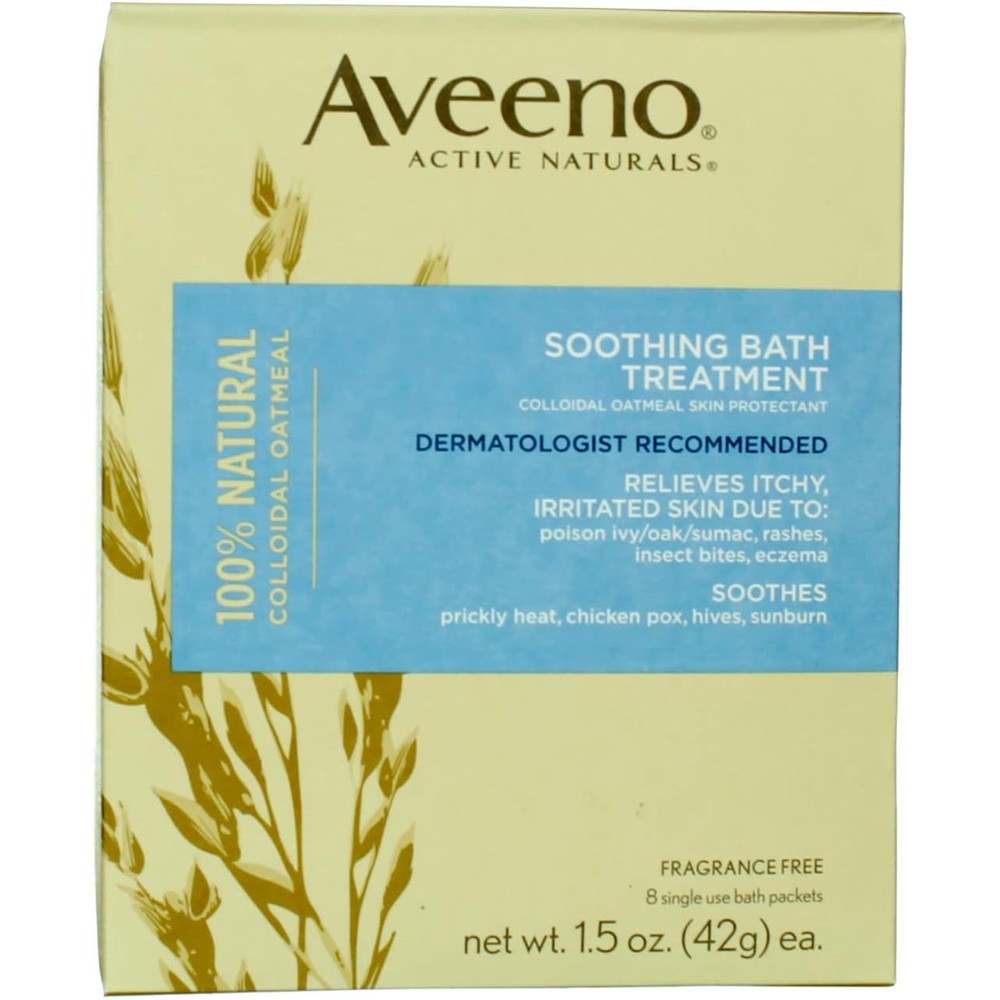 Aveeno Soothing Bath Treatment front view of the two pack box showing colloidal oatmeal benefits for itchy skin.