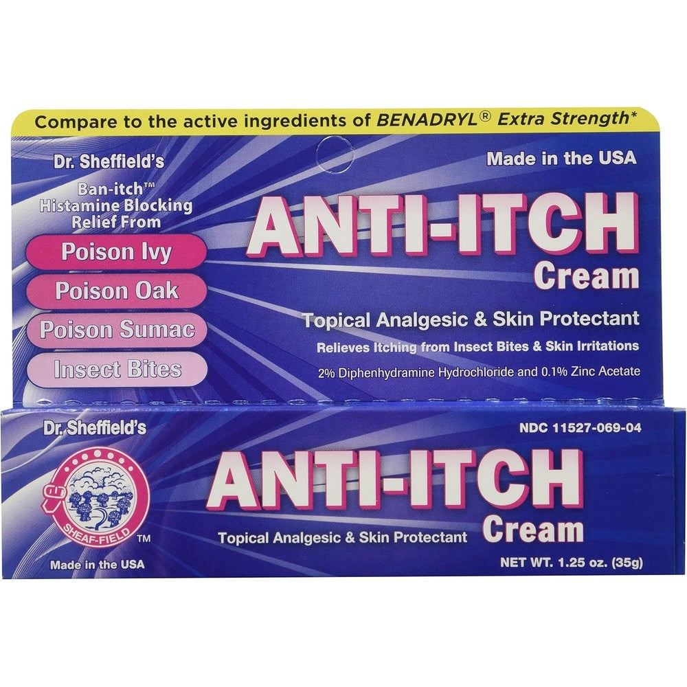 Dr. Sheffield Anti Itch Cream with Histamine Blocker front view packaging for topical skin relief.