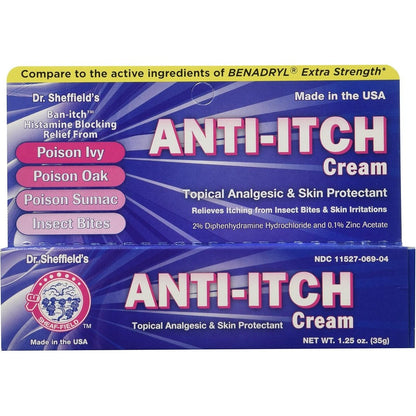 Dr. Sheffield Anti Itch Cream with Histamine Blocker front view packaging for topical skin relief.