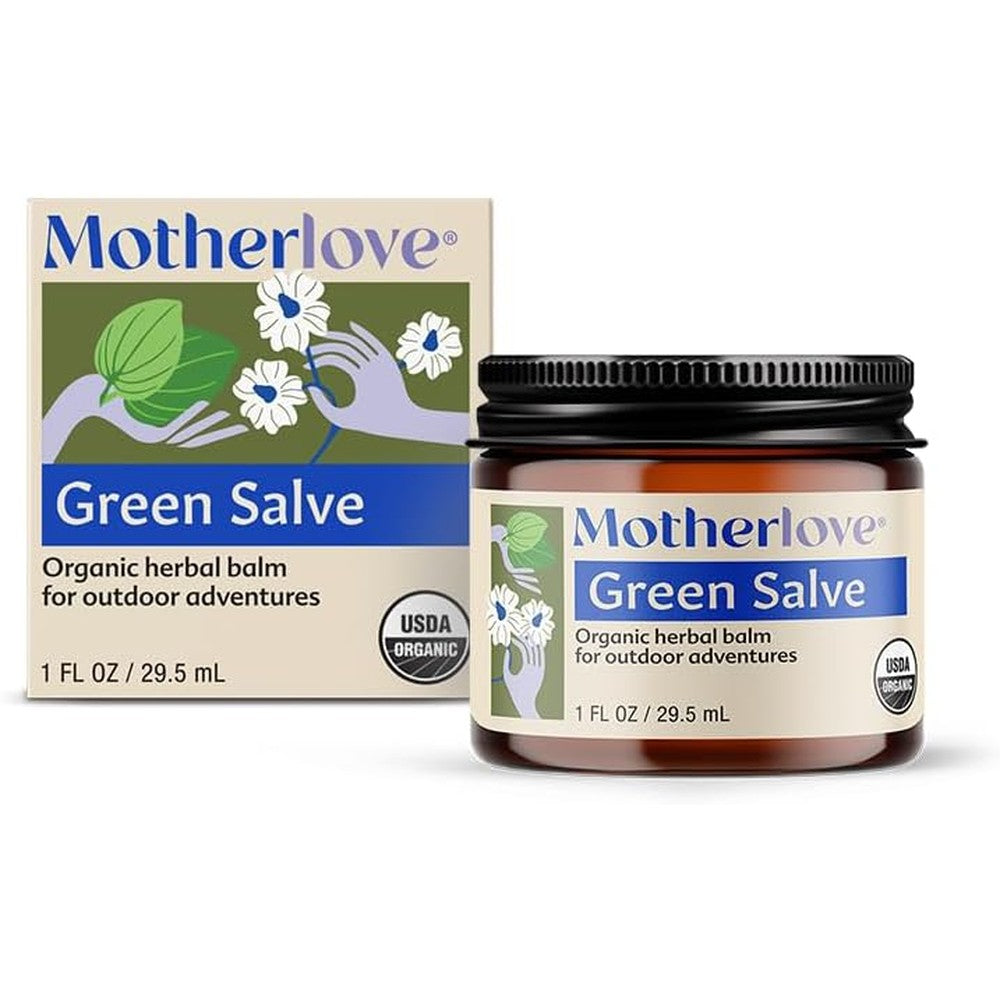 Motherlove Green Salve one ounce glass jar front view for herbal itch relief.