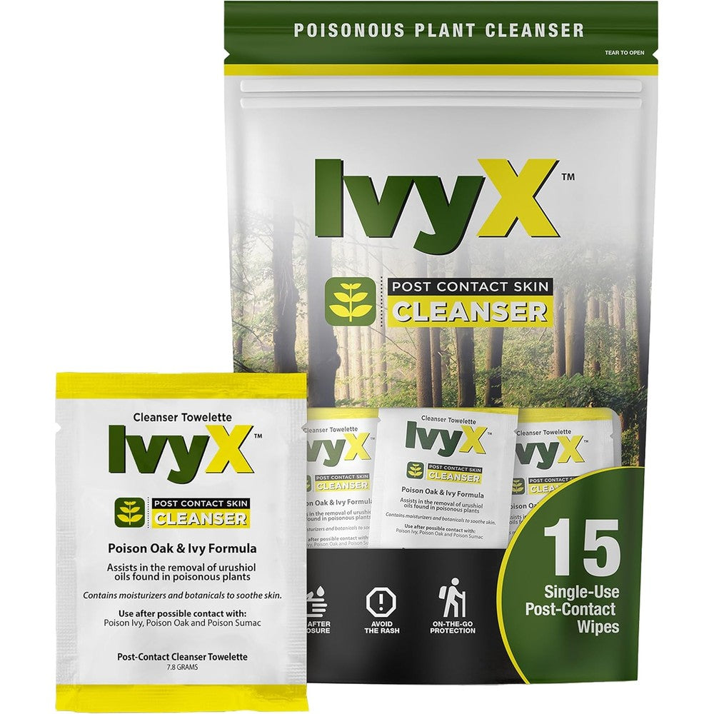CoreTex Ivy X Post Contact Poison Ivy Wipes front view of the packaging bag and single use sachets