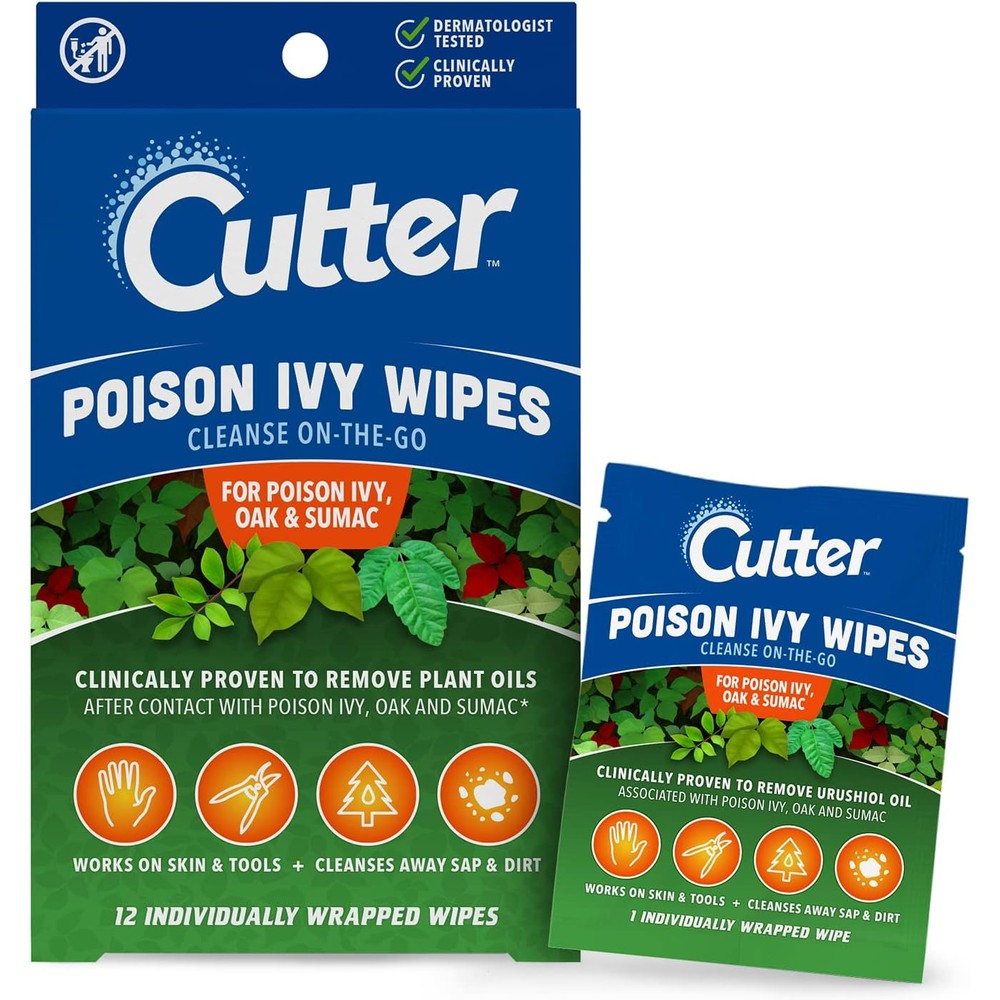Cutter First Aid Poison Ivy Wipes front view showing twelve count packaging box