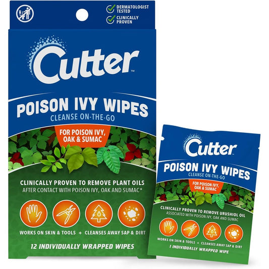 Cutter First Aid Poison Ivy Wipes front view showing twelve count packaging box