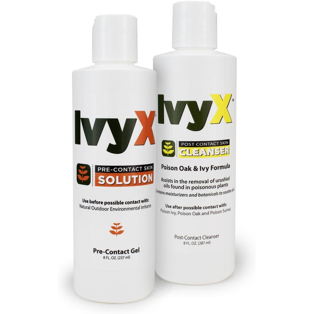 CoreTex Ivy X Pre and Post Poison Ivy Treatment Combo Kit front view showing both protection bottles.