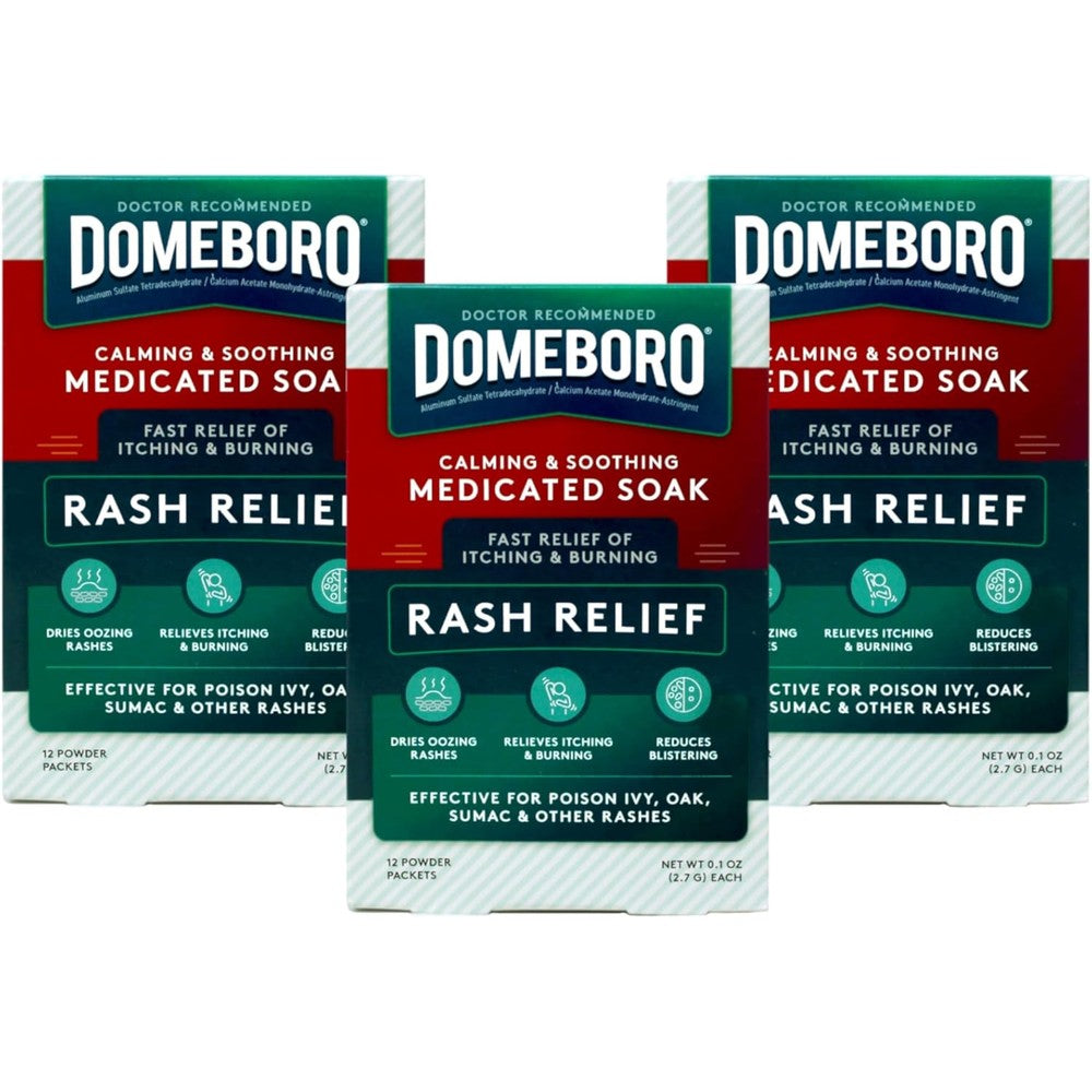 Domeboro Soothing Soak Rash Relief Powder Packets box front view showing first aid rash treatment features.