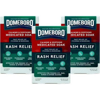 Domeboro Soothing Soak Rash Relief Powder Packets box front view showing first aid rash treatment features.