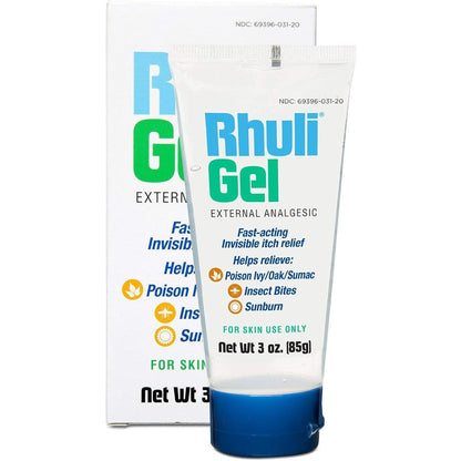 Rhuli Anti Itch Analgesic Gel 3 Ounce front view packaging showing cooling treatment details