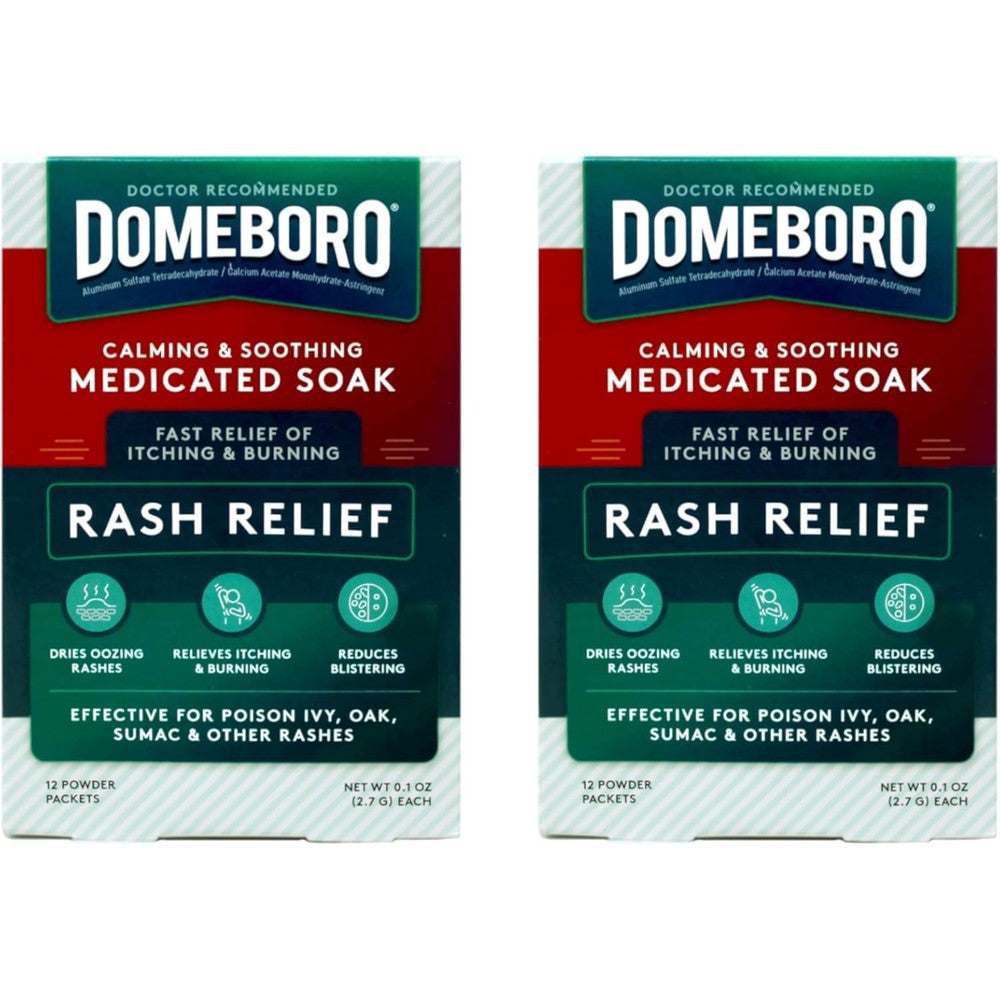 Domeboro Medicated Soak Rash Relief front packaging view showing twelve powder packets.